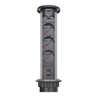 Выдвижной блок розеток на 3 гнезда, автоматический, сенсорный, d=60mm с 2 USB, серебро+черны фото