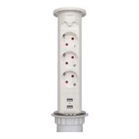 Выдвижной блок розеток на 3 гнезда, автоматический, сенсорный, d=60mm с 2 USB, Серебро+Белый фото