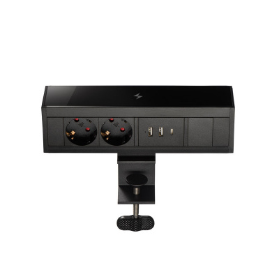 Блок розеток LE4 на струбцине, 2 секции, 2 USB + 1 type C, беспроводная зарядка, чёрный фото