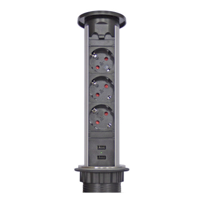 Выдвижной блок розеток на 3 гнезда, автоматический, сенсорный, d=60mm с 2 USB, серебро+черны фото
