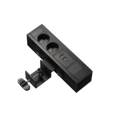 Блок розеток LE4 на струбцине, 2 секции, 2 USB + 1 type C, беспроводная зарядка, чёрный фото