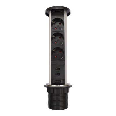 Выдвижной блок розеток на 3 гнезда, d=60mm с 2 USB, влагозащищённая, черный фото