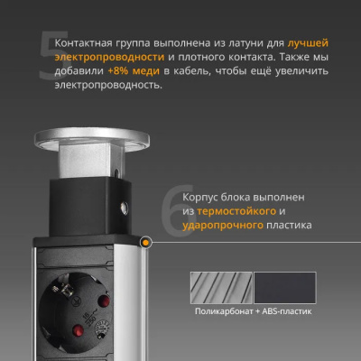 Выдвижной блок розеток на 3 гнезда, d=60mm с 2 USB, серебро + черный фото
